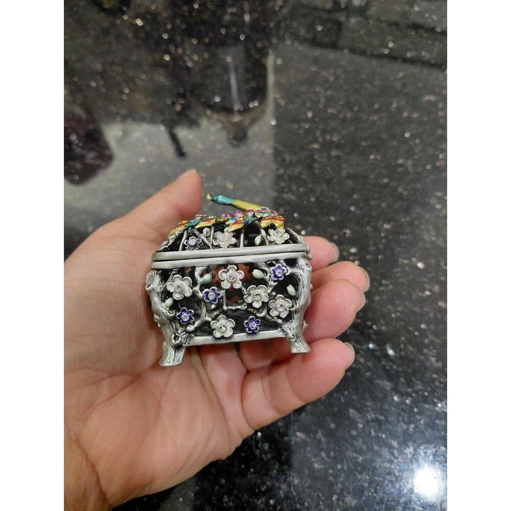 Vtg Enameled Peacock Colorful Rhinestones Trinket Ring Box Flowers